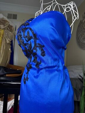 Strapless Royal Blue Beaded Sheath Dress